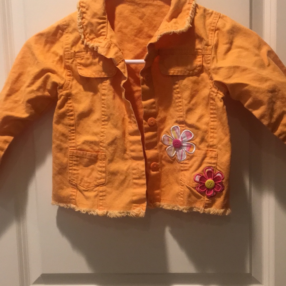 Orange embellished girls flower Jean jacket embroider raw hem no tag see below